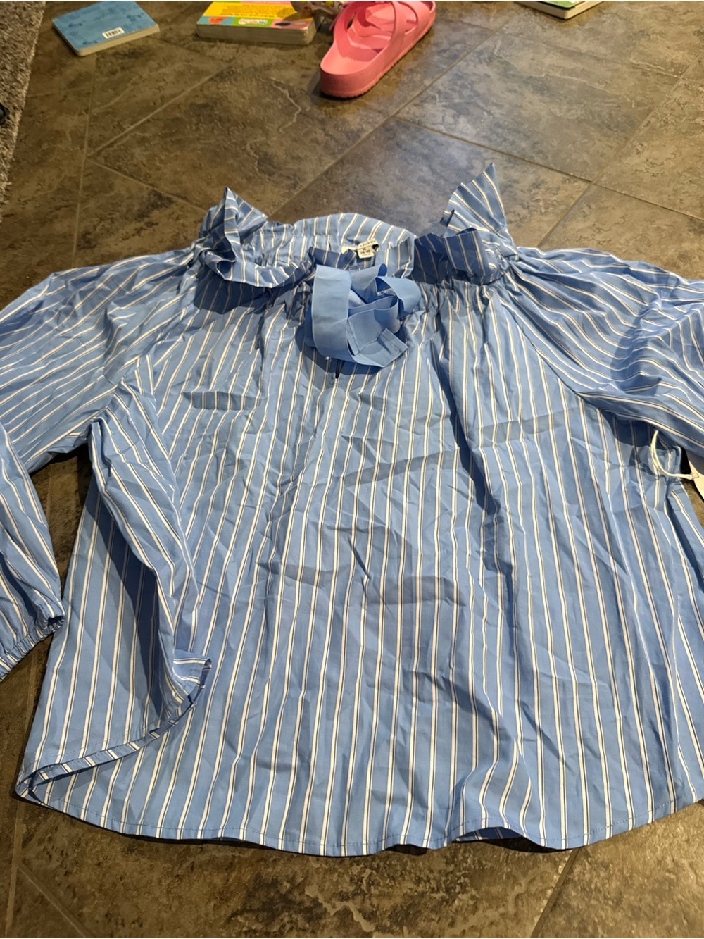 Blue Stripe Ruffle-Neck Blouse with Neck Tie